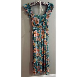 By The River Floral Ruffle Tiered Midi Dress Medium Smock Back Cottagecore Girly